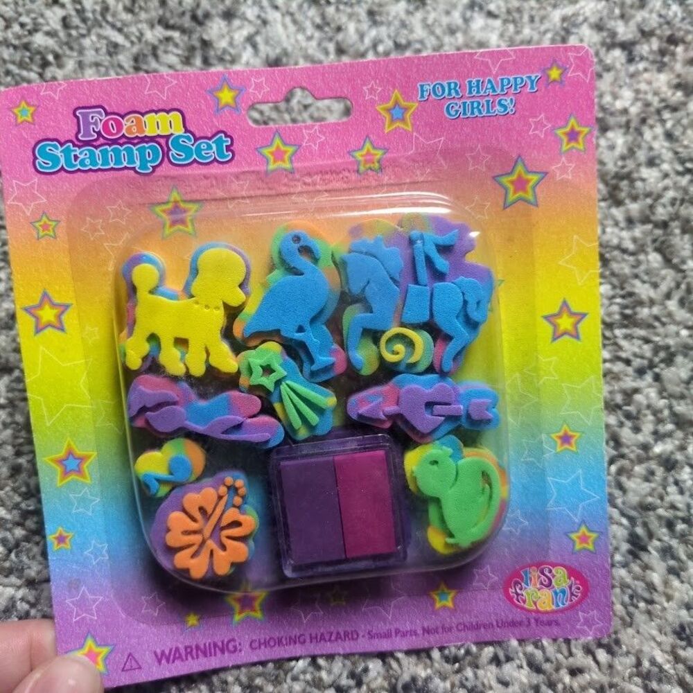 Vintage Lisa Frank Mini  Foam Stamp Set & Stamp Pad Colorful Puppy Arrow Flower